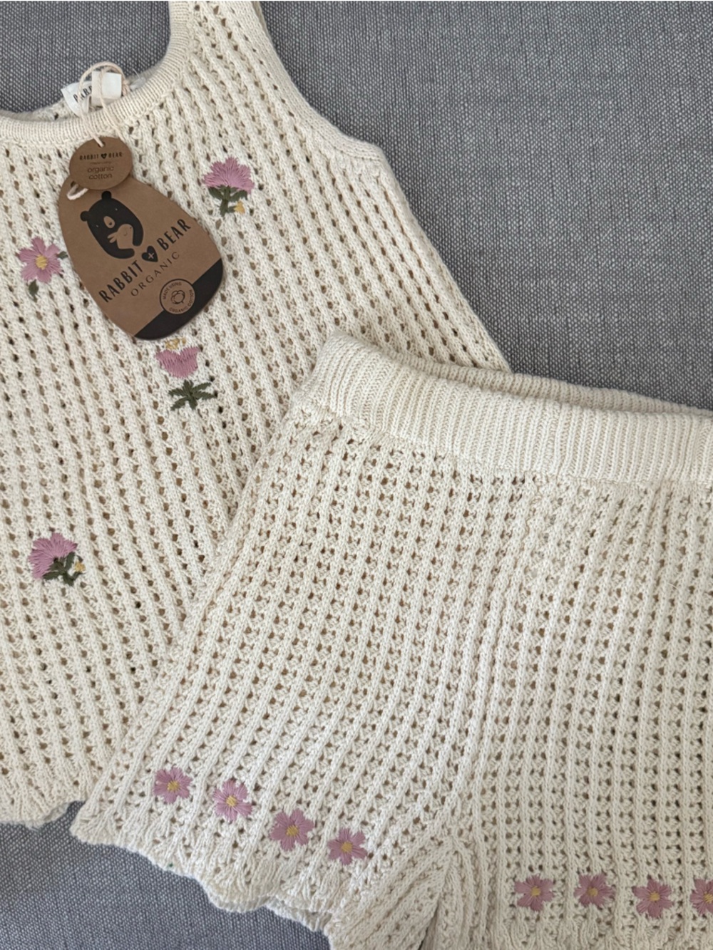 Rabbit & Bear Organic Knit Floral Cream Set
